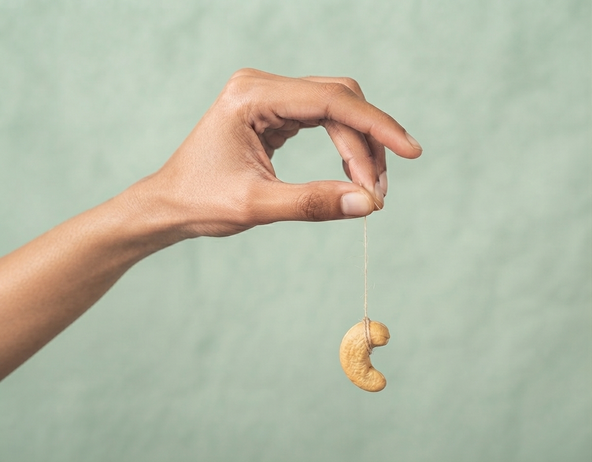 Hand holding a roasted cashew nut